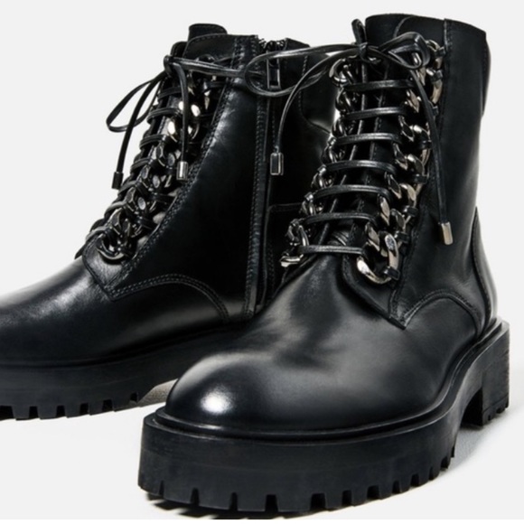 Zara Genuine Leather Chain Combat Moto Boots Black Size 39 // US 8 - Picture 2 of 8